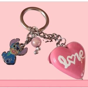 Disney Stitch 1" Charm Vintage Pink Heart Handmade Love Keychain + Pink Bead 3"